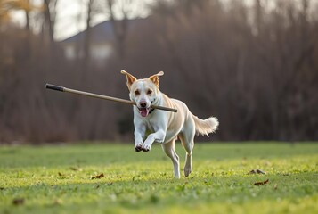 _ . Playful Dog Running or fetching a stick (stick only, no hand