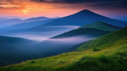 Fototapeta premium Serene Mountain Landscape at Dawn with Soft Smoke