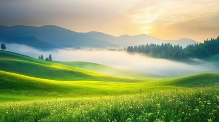 Naklejka premium Serene Meadow with Soft Mist at Sunrise