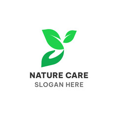 Nature care logo template in simple style. Hand and leaf vector illustration 