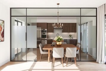 Glass Partition A frosted glass partition separating the kitchen
