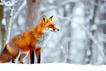 Fototapeta premium Fox in Snow A red fox standing alert in a snowy forest its fur c
