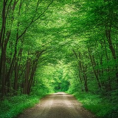 Fototapeta premium view inside a dense green spring deciduous forest with a deserted dirt road in the center. beautiful woodland landscape. widescreen format