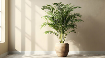 Fototapeta premium Tall Decorative Planter Featuring a Striking Palm Plant in a Modern Interior Setting