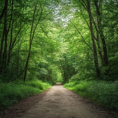Obraz premium view inside a dense green spring deciduous forest with a deserted dirt road in the center. beautiful woodland landscape. widescreen format
