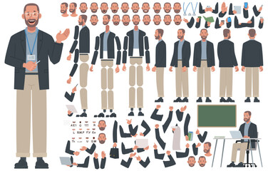 Teacher character constructor. Male scientist or speaker. Set of hands, legs and body positions for creating animations