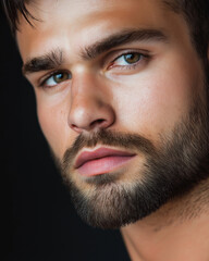 Obraz premium Close-up portrait of a bearded man with intense gaze