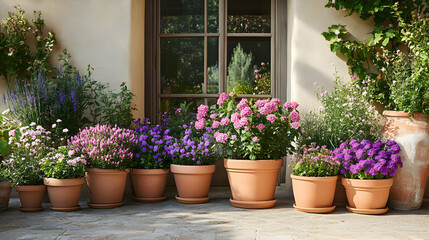 Lush Outdoor Patio Decorated with Various Colorful Plant Pots Surrounded by Greenery