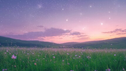 Naklejka premium Serene Meadow at Dusk with Soft Sky Colors