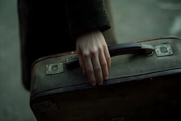 A hand gripping the handle of a vintage suitcase conveys a sense of travel, nostalgia, and anticipation for adventure