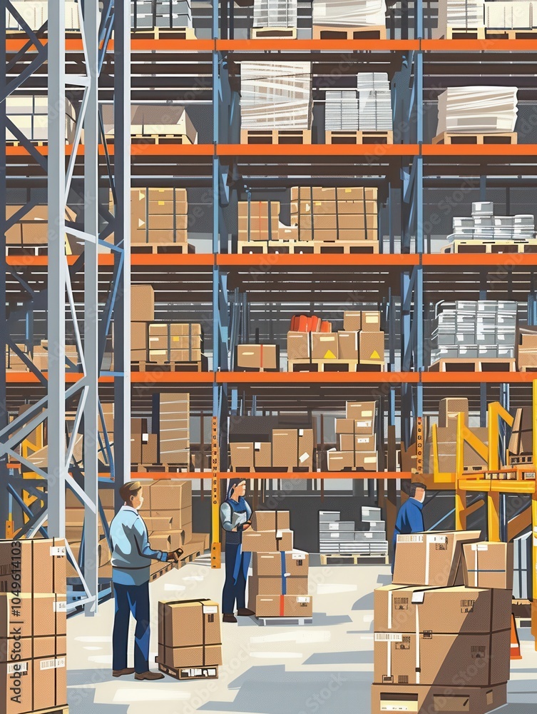 Fototapete warehouse workers are actively transporting boxes and pallets while organizing shelves stocked with 