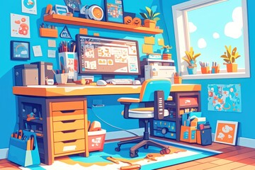 Blue Room Illustration of a Home Office with Desk, Computer, Chair, and Decor
