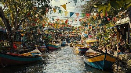 Obraz premium Colorful Boats at a Lively River Festival Scene