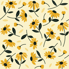 Pattern of yellow flowers with green leafs on a soft yellow background, flowers decoration