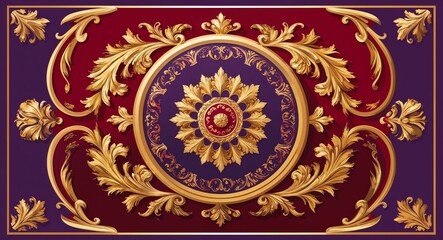 Opulent tapestry painting with rich gold crimson and royal purple