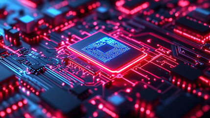 Close-up of a glowing microchip on a circuit board, with a chip in the middle