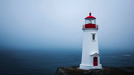 Fototapeta premium A lone lighthouse stands tall against a misty ocean, a beacon of hope and safety.