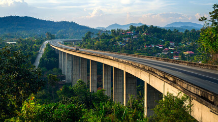 Fototapeta premium A long, winding road on a bridge stretching through a green, forested valley.
