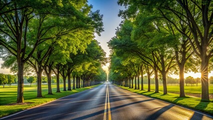 Fototapeta premium Serene Tree Lined Street in Minimalist Style – Calm Nature Escape for Tranquil Living and Scenic Views