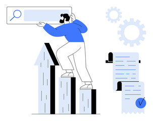 A person standing on a growth chart holding a search bar. Ideal for business development, SEO, digital marketing, analytics, and success measurement. Modern, clean style