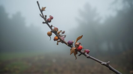 Obraz premium Generative AI, Misty Autumn Morning: Close-Up of Berry-Laden Branch in Fog