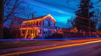 Fototapeta premium The soft glow of light trails shining upon a house adorned with traditional Hanukkah lights.