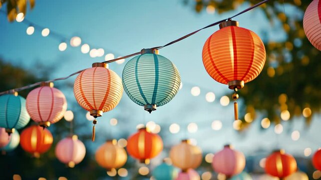 Colorful paper lanterns hang in a string against a blue sky and green trees