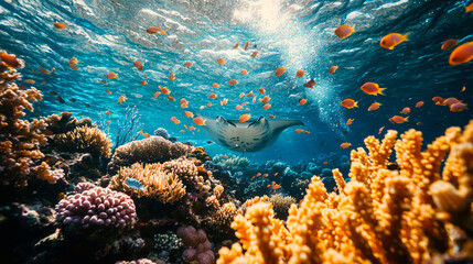 Fototapeta premium A manta ray swims through a vibrant coral reef teeming with life.