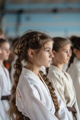 Obraz premium Young girl in karate uniform with group in background.