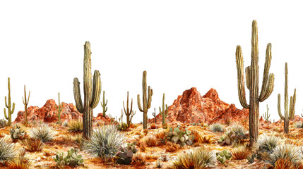 A panorama view of a desert landscape with cacti and red mountains.