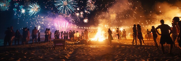 People gather at a lively beach party, dancing by a bonfire as colorful fireworks fill the dark night with excitement. Generative AI