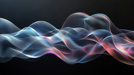 Ethereal waves of light create mesmerizing abstract animation, showcasing iridescent colors and fluid motion. interplay of transparency and color evokes sense of tranquility and wonder