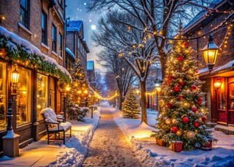 Fototapeta premium Snowy Winter Street with Festive Lights and Decorations at Dusk for Cozy Holiday Atmosphere