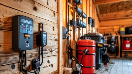 Backup Generator and Power Failure Alarm Installed in a Rustic Wooden Workshop Interior  Electrical Equipment and Tools for Maintenance and Repair