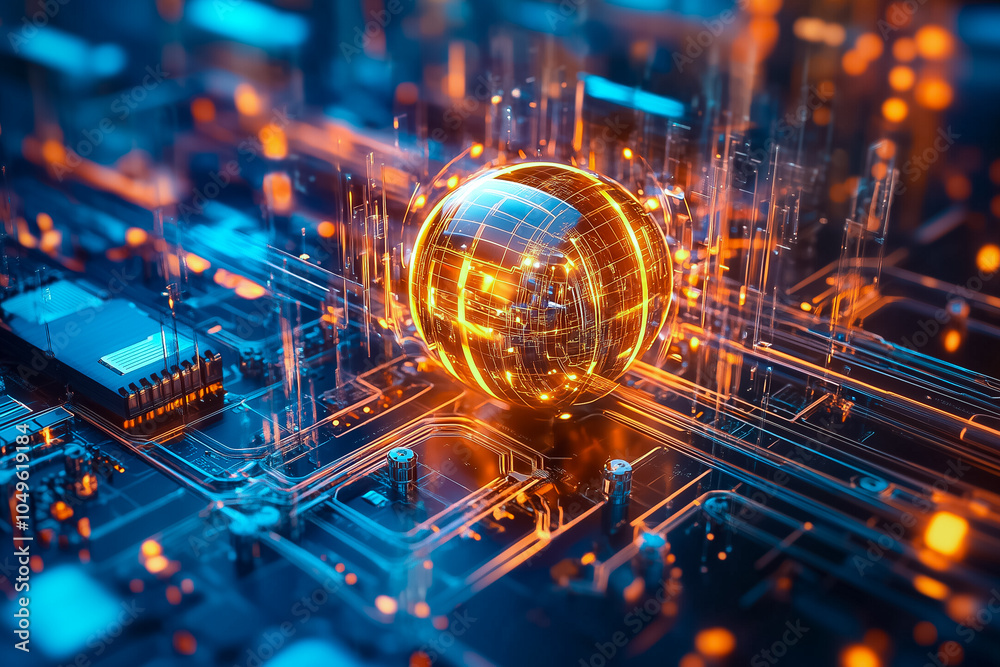 Poster a vivid depiction of quantum computing with glowing elements and circuits in a futuristic environmen