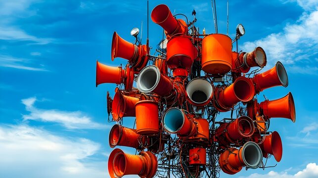 Blaring red weather warning alarm sirens mounted on a tall communication tower designed to alert the public of impending hazardous conditions or emergencies