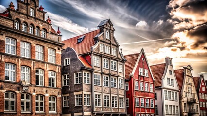 Fototapeta premium Colorful historic buildings with ornate details and a dramatic sky.