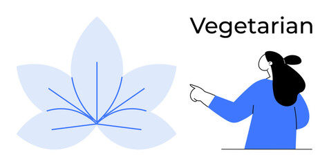 A person in a blue outfit pointing to the word Vegetarian next to a blue leaf design. Ideal for health food, lifestyle, eco-friendly living, wellness, and plant-based diets. Flat vector style
