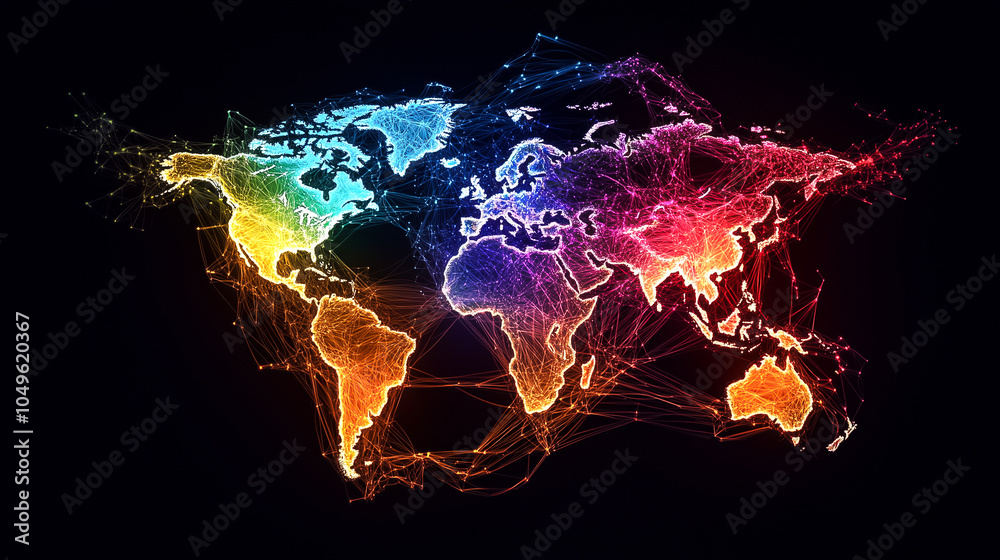 Poster network nodes display intricate connections between continents in a colorful and dynamic layout