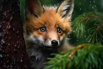 Fototapeta premium Curious fox peeking between tree trunk and green foliage with raindrops, showcasing expressive eyes