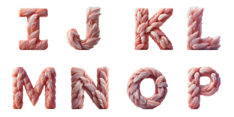 Abstract Typography of Feather Textured Letters I to P: Close-up of letters I, J, K, L, M, N, O, P with soft pink feather textures on a black background