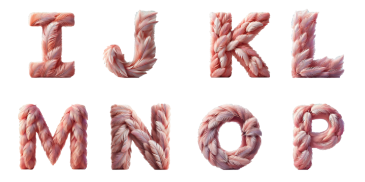 Abstract Typography of Feather Textured Letters I to P: Close-up of letters I, J, K, L, M, N, O, P with soft pink feather textures on a black background