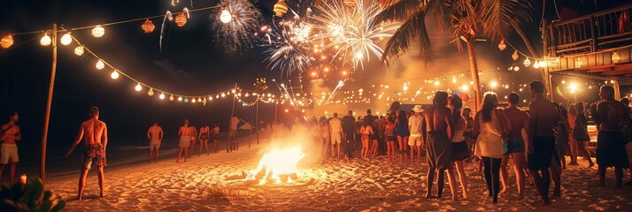 People celebrate at a beach party, dancing around a bonfire while colorful fireworks illuminate the night sky above them. Generative AI