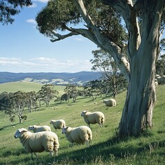 Fototapeta premium Sheep merino grazing, Australia has about 70000000 million sheep the majority are fine wool producing merino, their wool is exported all over the World,
