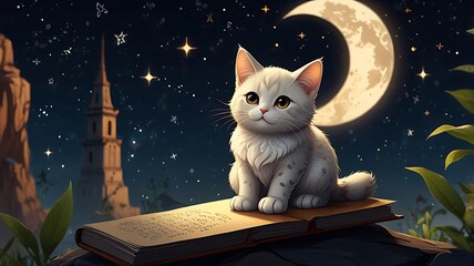 The Hanged Man: Chibi cat hanging upside down from a branch with doodle leaves and stars around, realistic, sharp lines