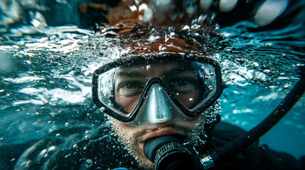 A scuba diver's face is close up, underwater, with bubbles around him.