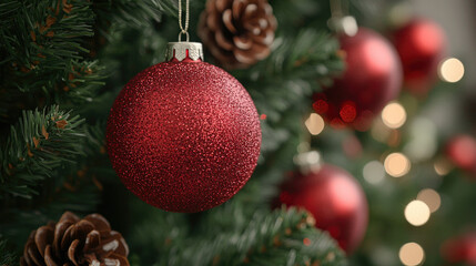 Obraz premium Christmas decorations and lights hanging on Christmas tree