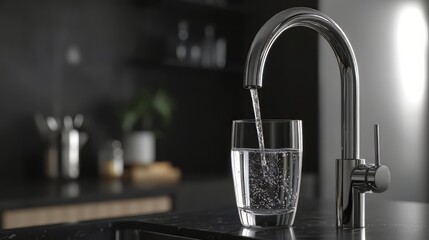 Filling up a glass with drinking water from kitchen tap. water. Ultra realistic. Photorealistic