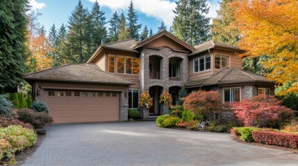 Fototapeta premium Inviting Suburban Home with Vibrant Fall Colors