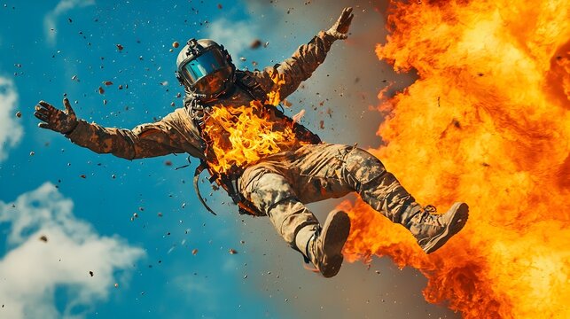 Fearless stuntman caught in the throes of a fiery explosion showcasing the incredible skill and bravery required for stunt performances in film and television productions